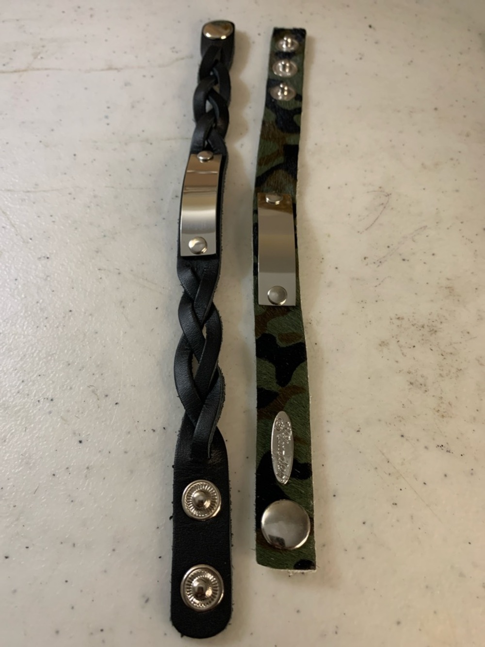 Plunder Black Braided & Green Camo Leather Snap Bracelets with Silver Plates